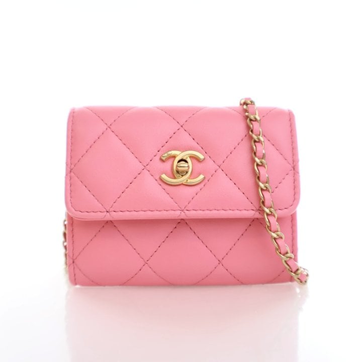Chanel Mini Pink Lambskin Pearl Crush Clutch On Chain