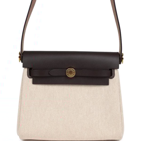 Hermes Hermes Herbag Zip 20 Mini Ecru and Beige Toile H Canvas and Ebene Vache Hunter Gold Hardware