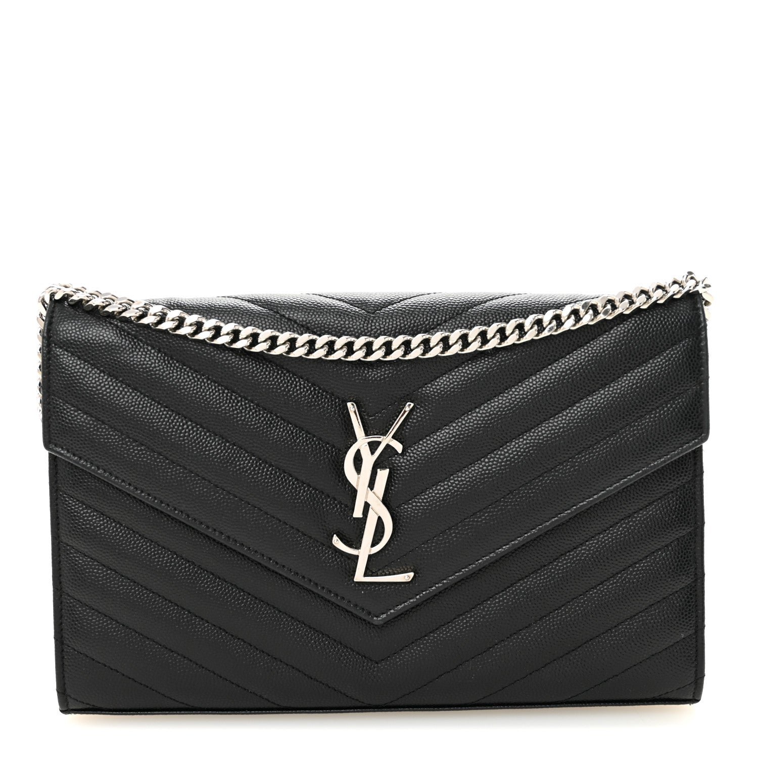 Saint Laurent Grain De Poudre Matelasse Chevron Monogram Chain Wallet Black