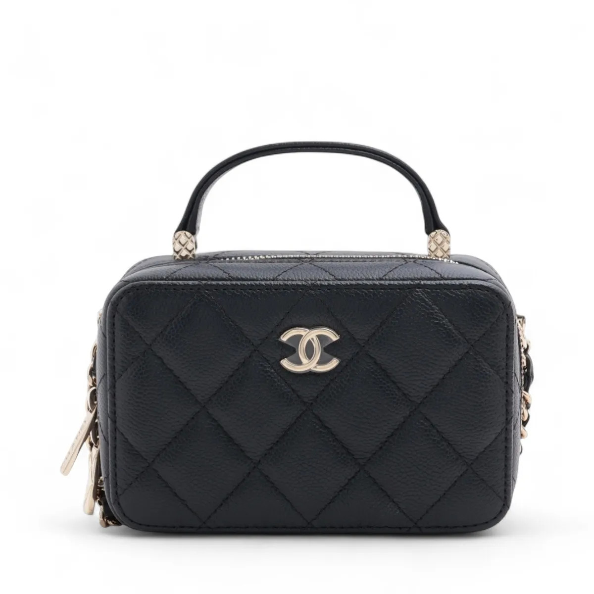 Chanel Matelasse Caviar Skin 2 Way Shoulder Bag Vanity Black Gold Metal Fittings
