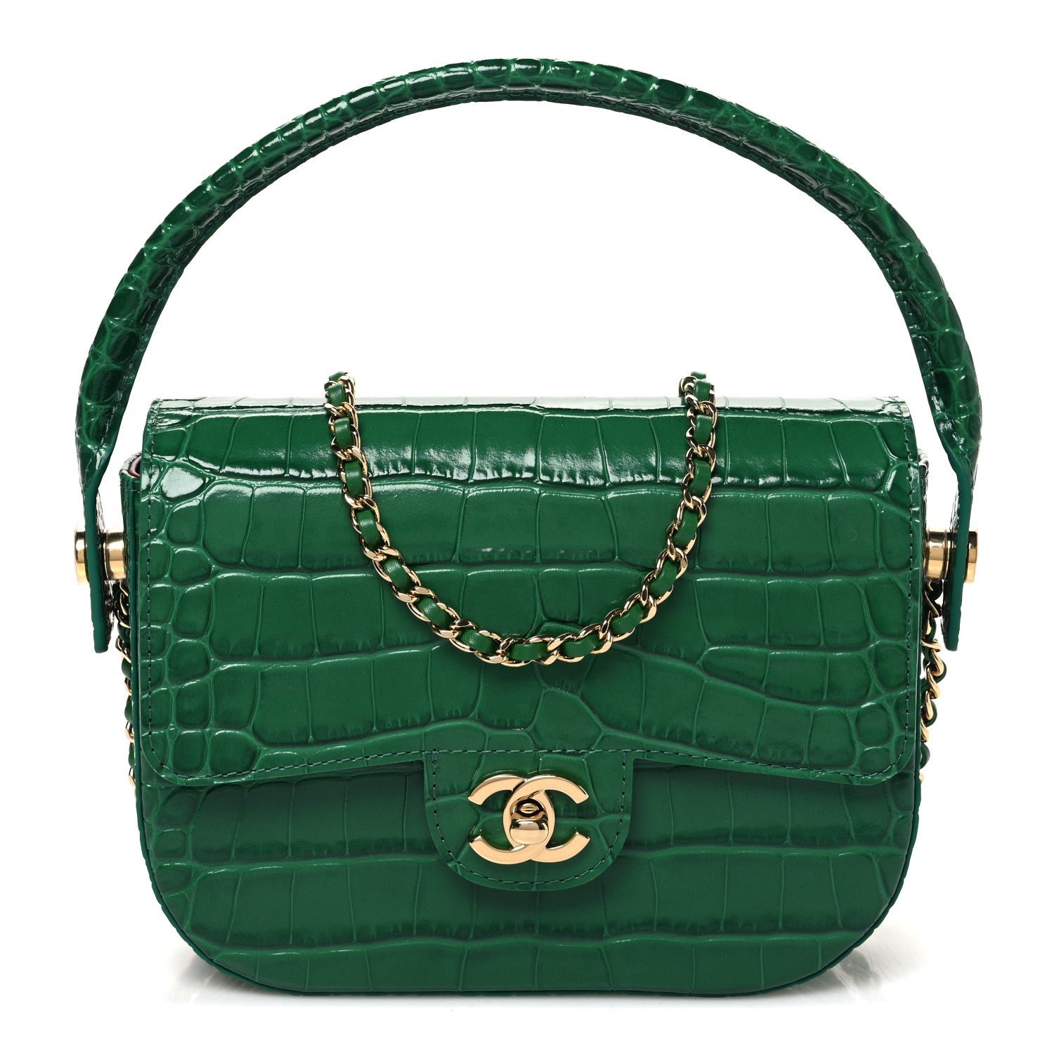 Chanel Calfskin Crocodile Embossed Turn Around Mini Flap Emerald