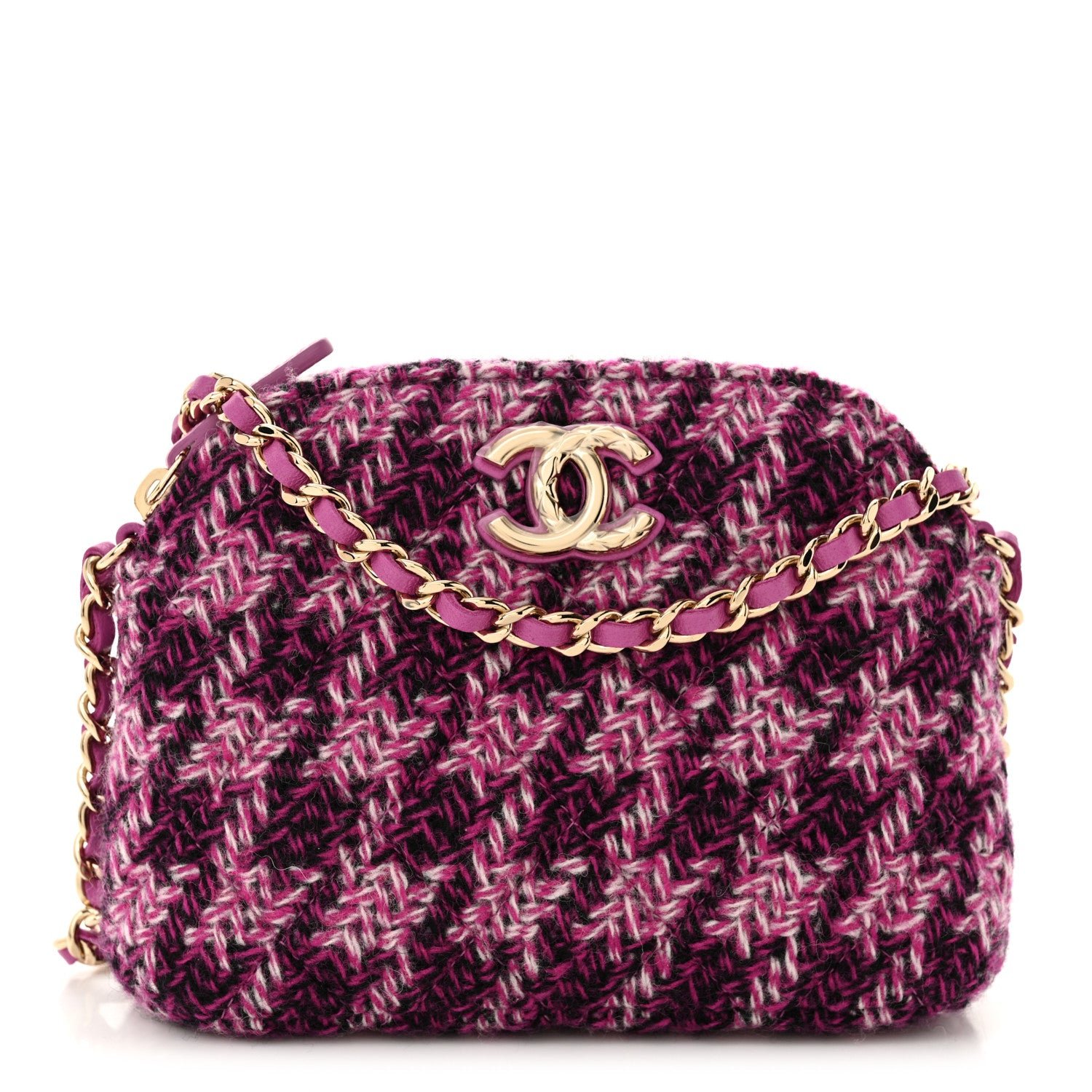 Chanel Tweed Quilted Mini Clutch With Chain Purple