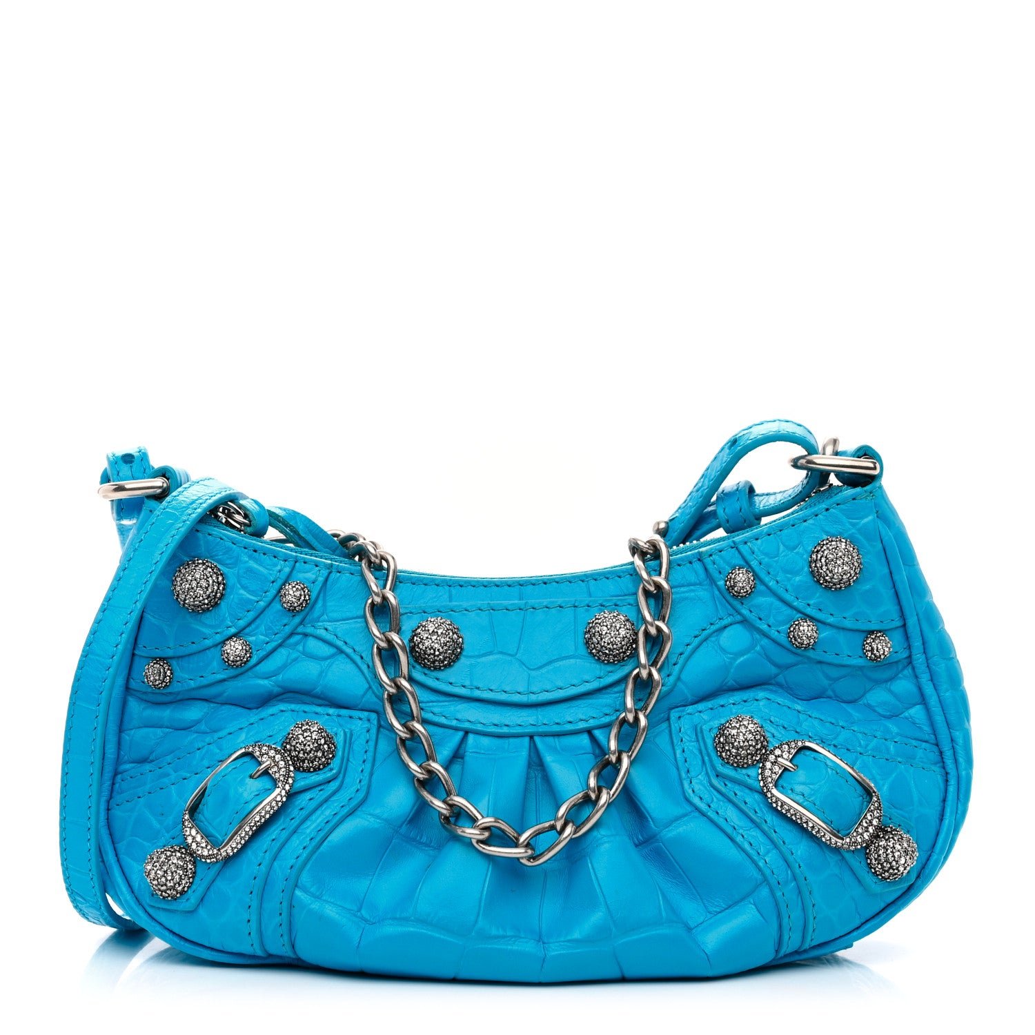 Balenciaga Extra Supple Calfskin Crocodile Embossed Crystal Mini Le Cagole Purse With Chain Cyan