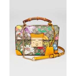 Gucci Yellow Leather Flora Printed GG Supreme Canvas Small Padlock Bamboo Bag