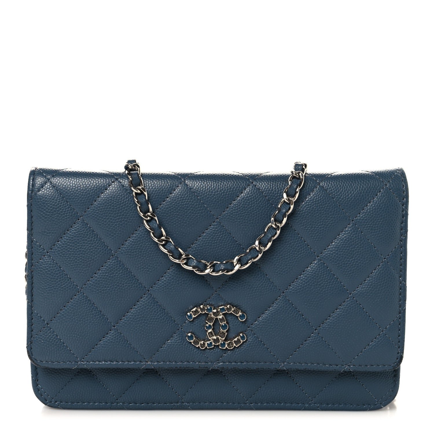 Chanel Shiny Caviar Quilted Enamel CC Wallet On Chain WOC Blue