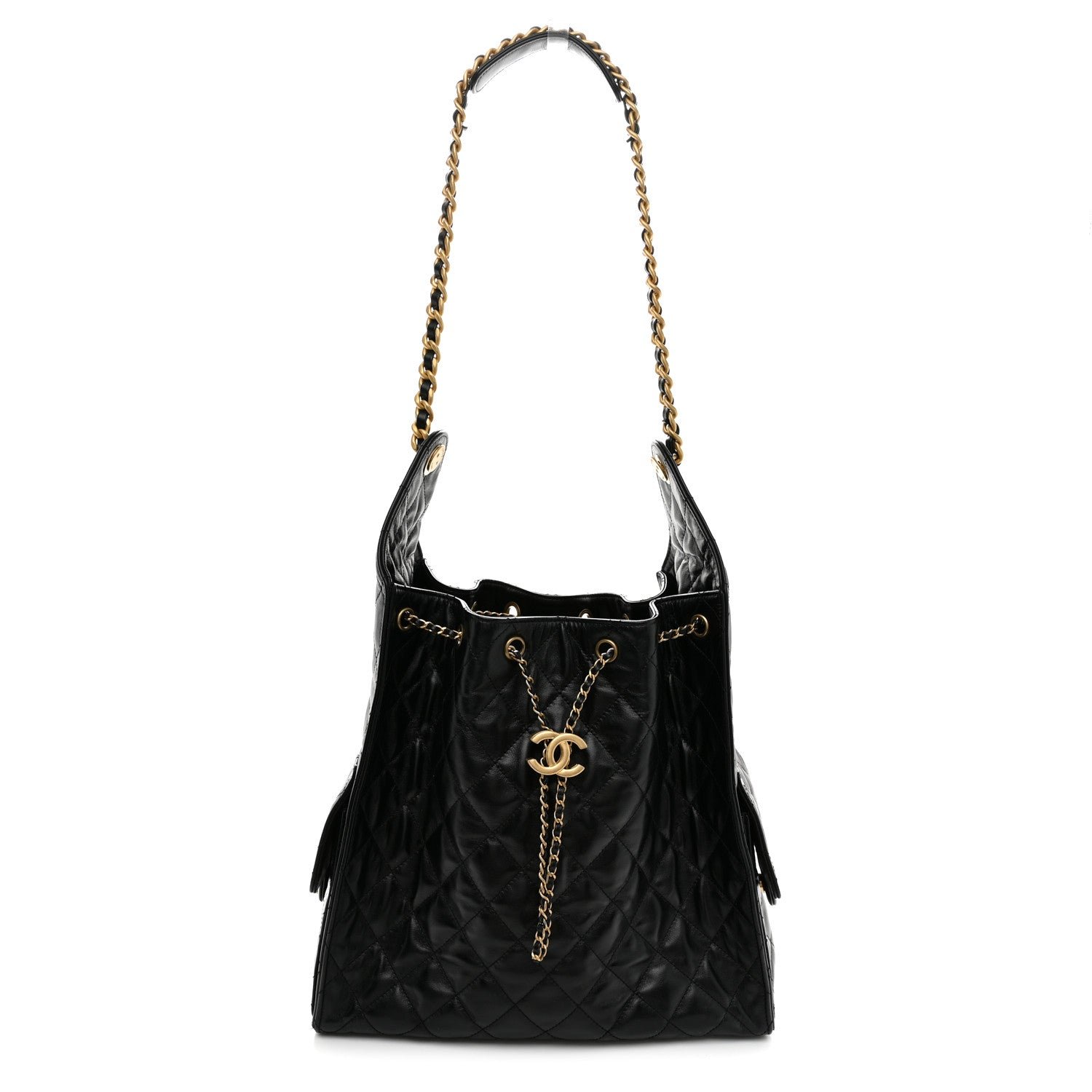 Shiny Crumpled Calfskin Quilted Medium Chanel 25 Handbag Black