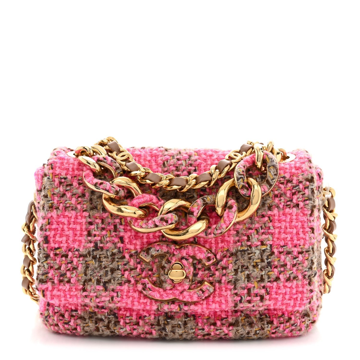 Chanel Wool Tweed Quilted Small Elegant Chain Flap Pink Brown