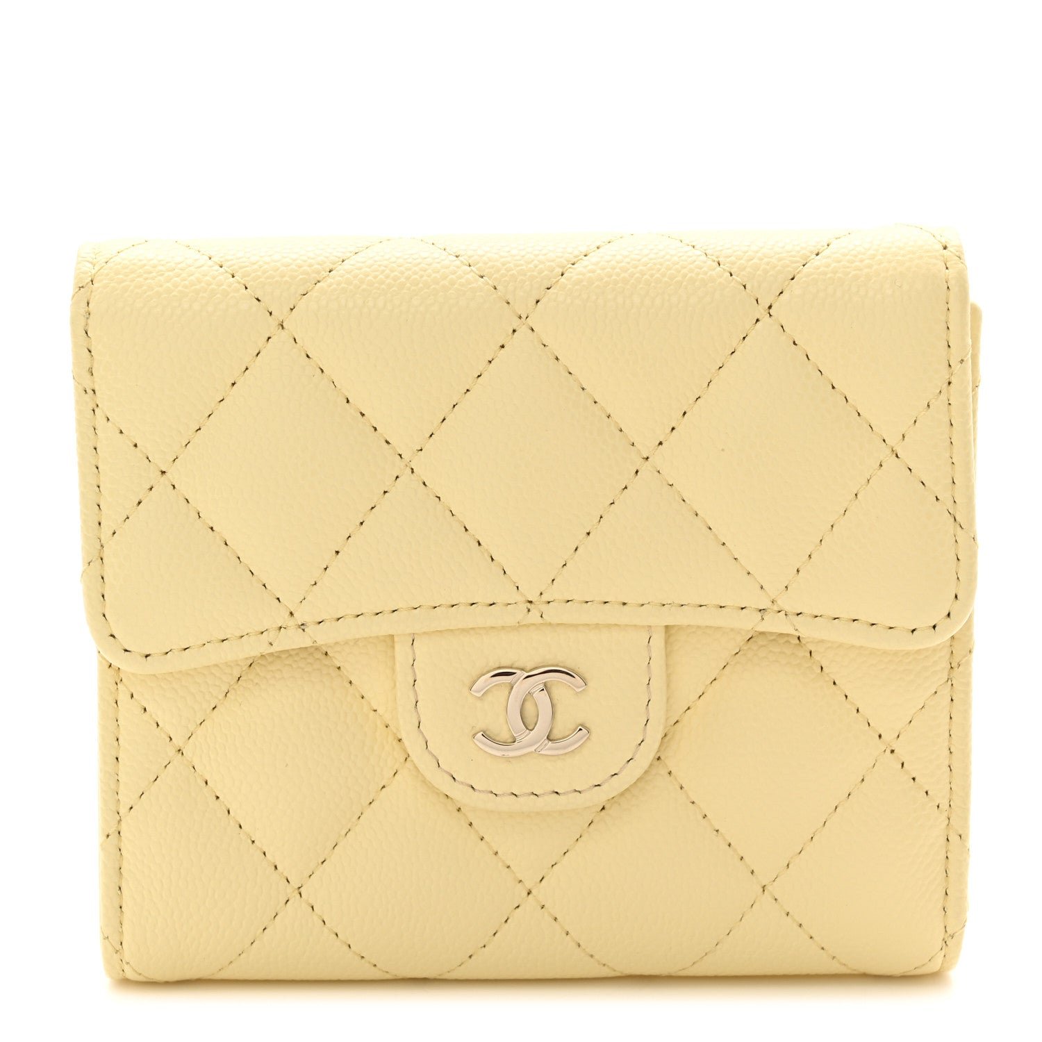 Chanel Caviar Quilted Compact Flap Wallet Light Yellow