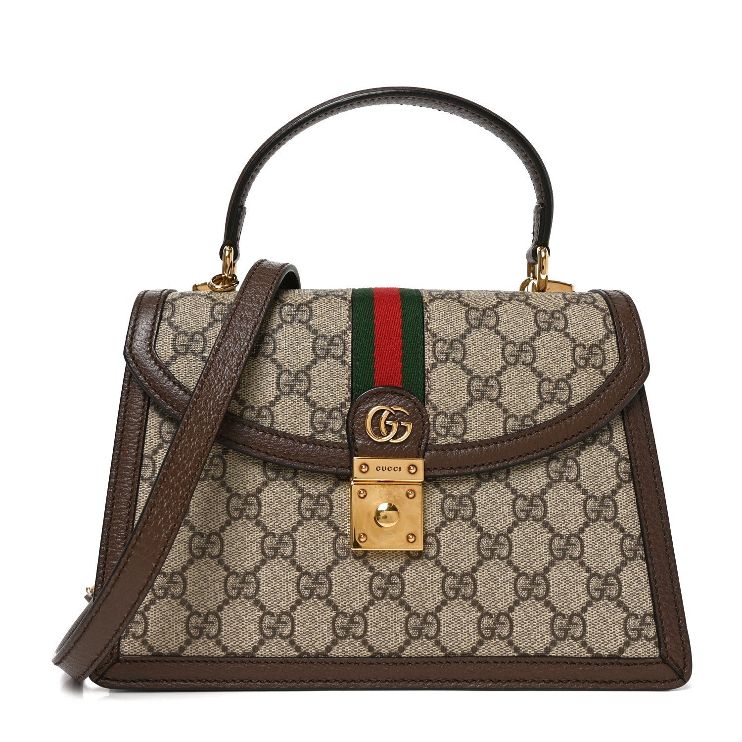 Gucci GG Supreme Monogram Textured Dollar Calfskin Web Small Ophidia Padlock Top Handle Bag Beige Ebony New Acero
