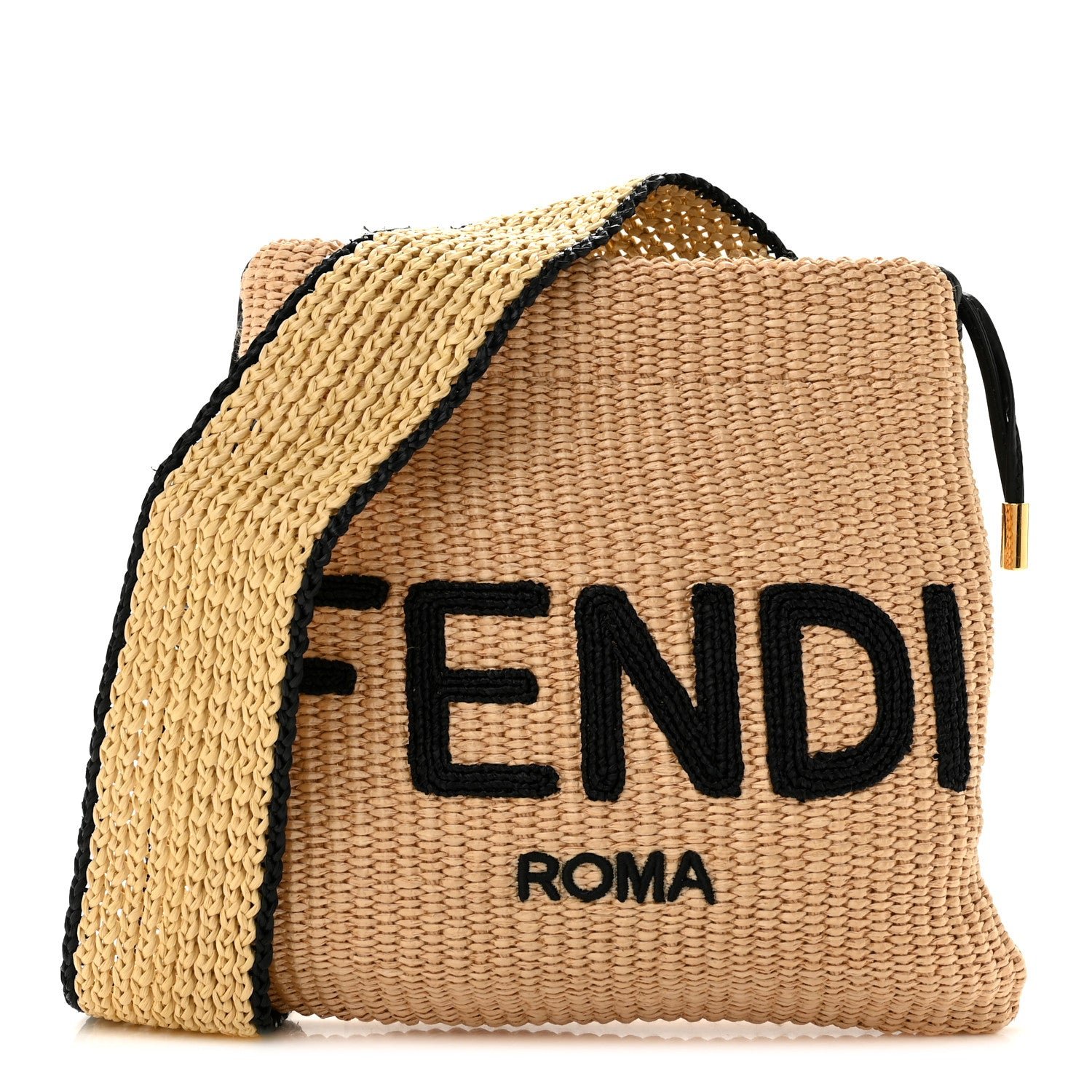 Fendi Raffia Logo Small Drawstring Pouch Bag Natural Black