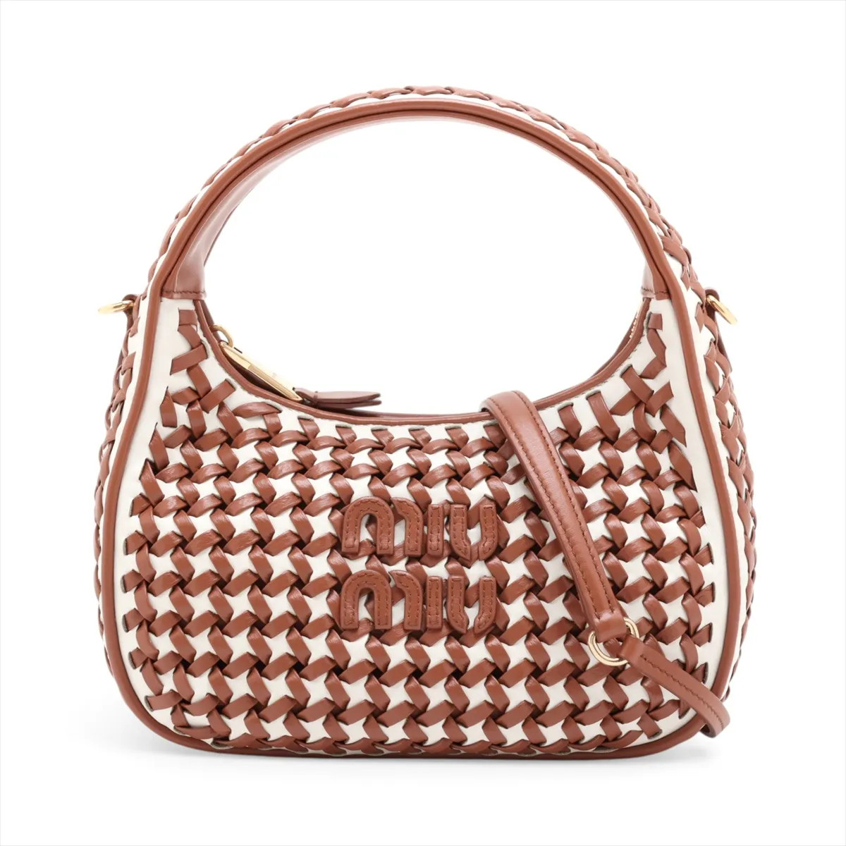 Miu Miu wonder 5BC125 Leather 2 Way Handbag Brown x white knitting