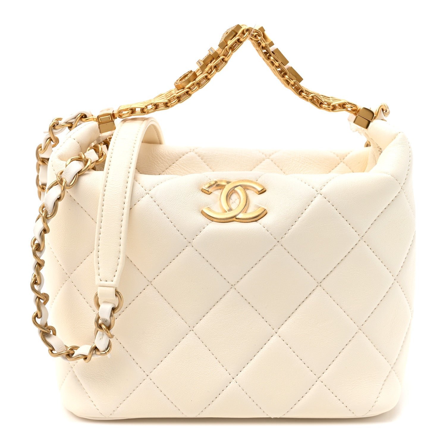 Lambskin Quilted CC Crystal Signature Chain Hobo White