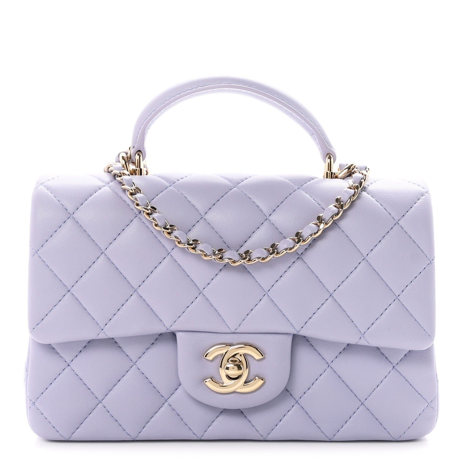 Chanel Lambskin Quilted Mini Top Handle Rectangular Flap Light Purple