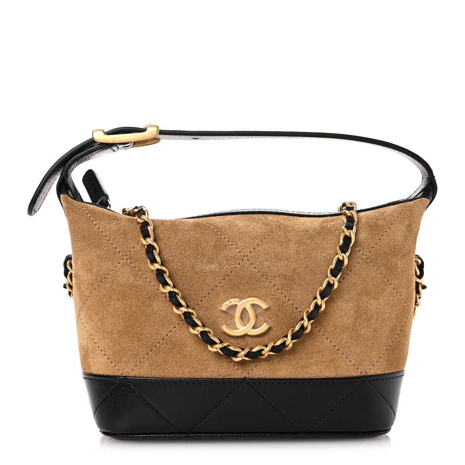 Chanel Suede Calfskin Shiny Lambskin Quilted Coco Base Hobo Clutch With Chain Beige Black