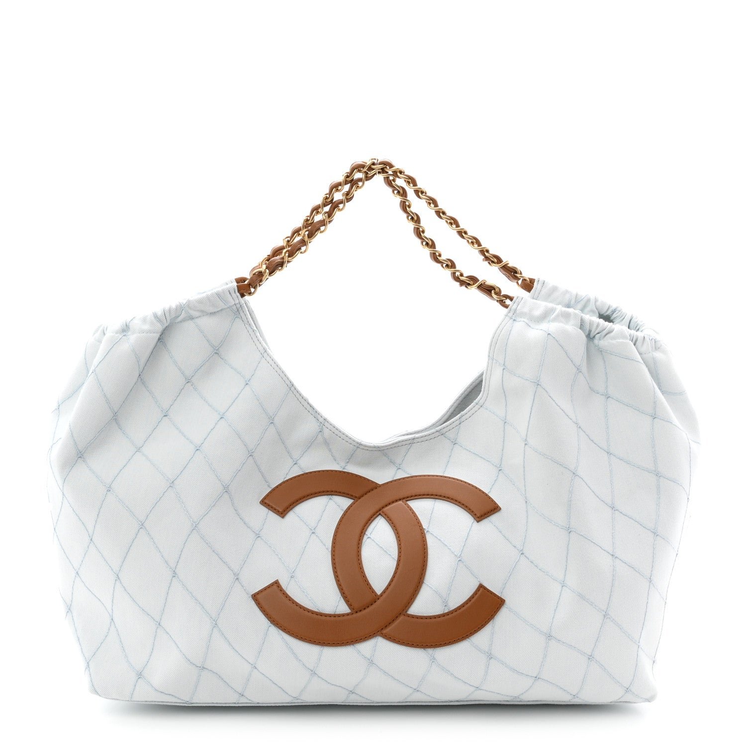 Chanel Denim Calfskin Quilted Coco Beach Small Shopping Tote Light Blue Brown