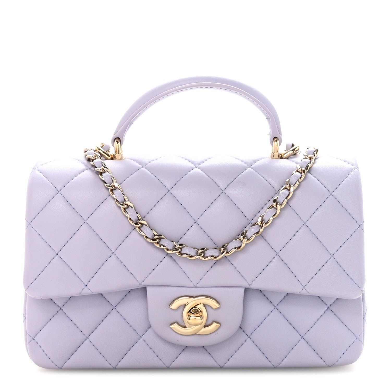 Chanel Lambskin Quilted Mini Top Handle Rectangular Flap Light Purple