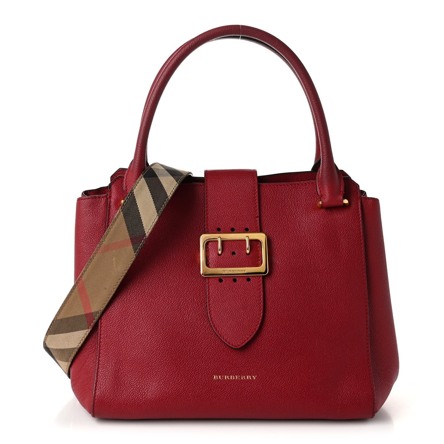 Burberry Soft Grain Calfskin Medium Buckle Tote Parade Red