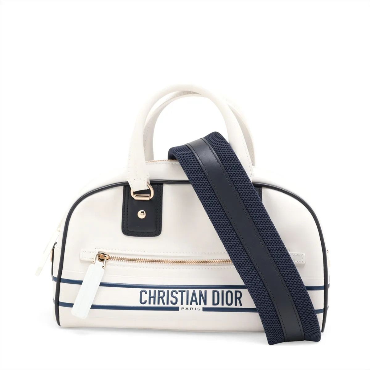 Christian Dior Vaib Bowling Leather 2 Way Handbag White x navy