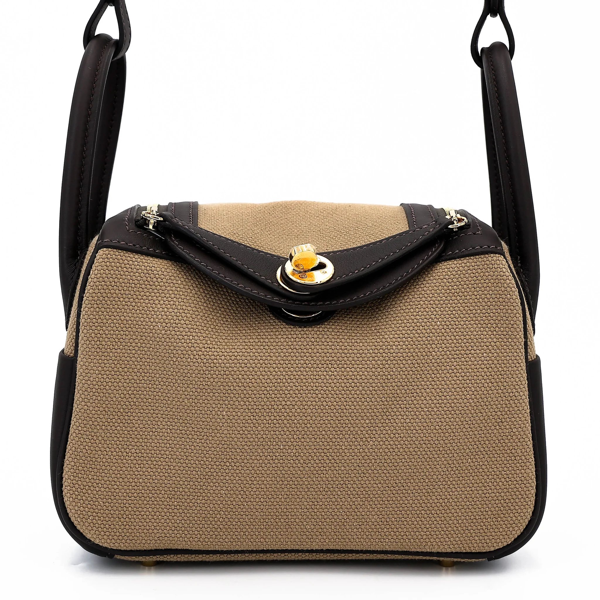 Brand New ( Rank N ) HERMÈS Mini Lindy II Bai Brun（T3） Swift Gold hardware K (2025)
