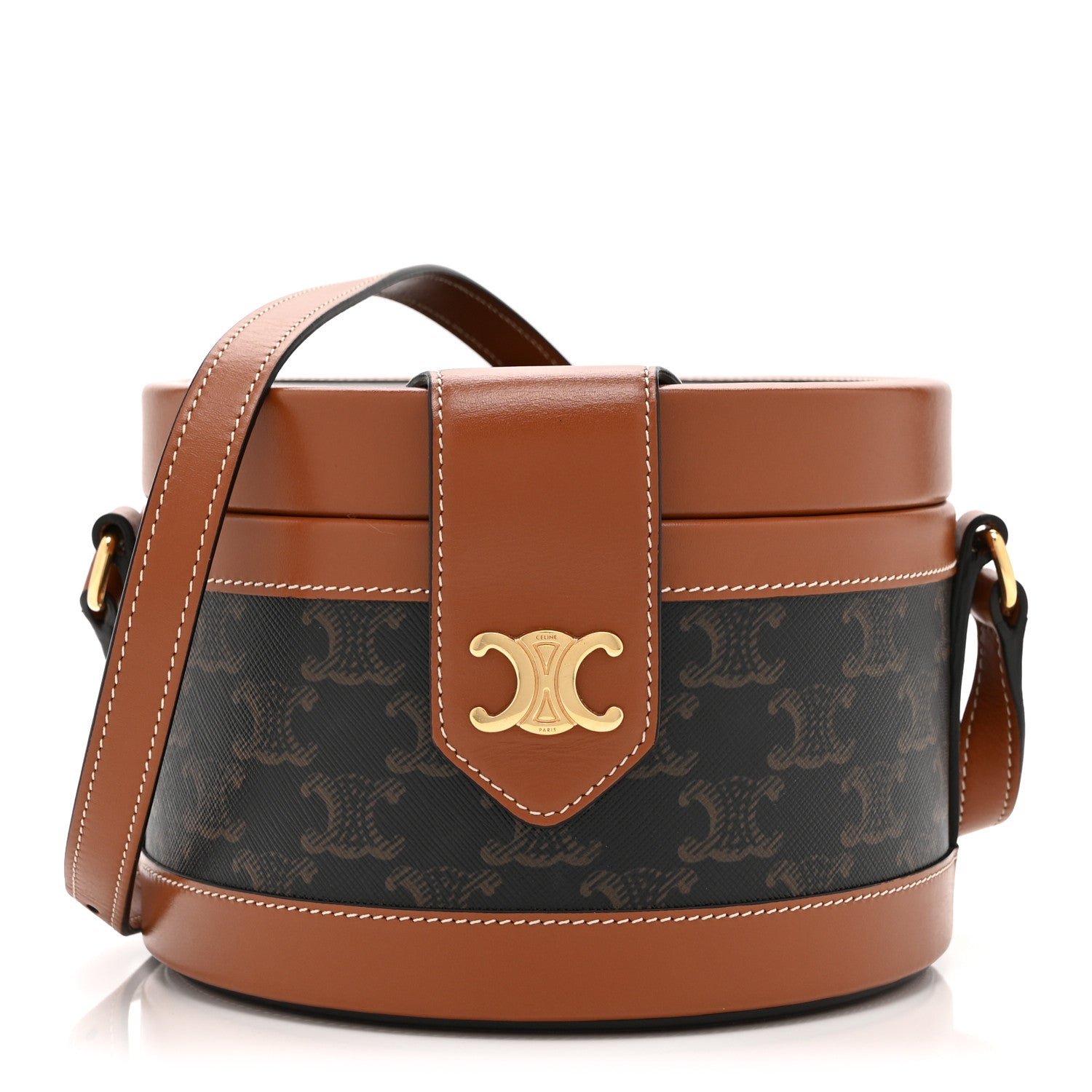 Celine Calfskin Triomphe Canvas Medium Tambour Bag Tan