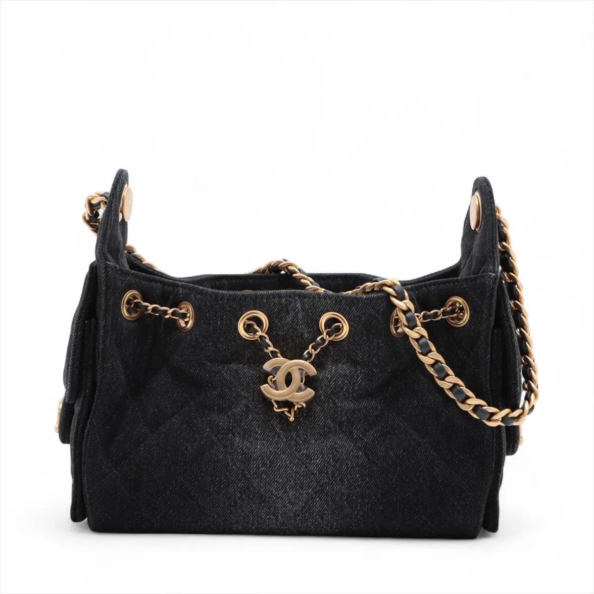 Chanel Chanel 25 Mini Denim Chain Shoulder Bag Black Gold Metal Fittings random