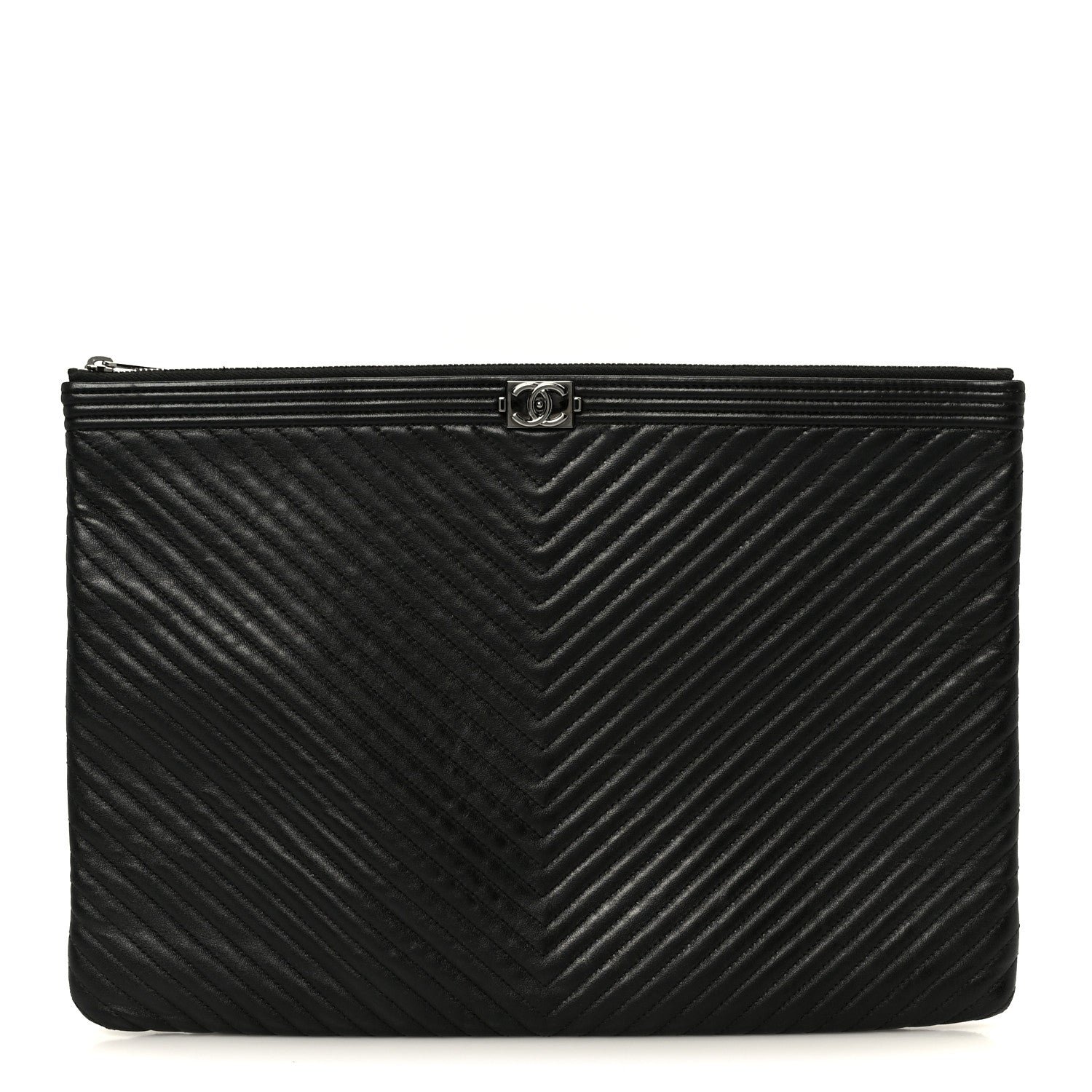 Chanel Lambskin Chevron Large Boy Zip Pouch Black