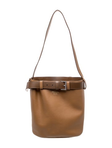 Enameled Metal Triangle Buckle Leather Bucket Bag