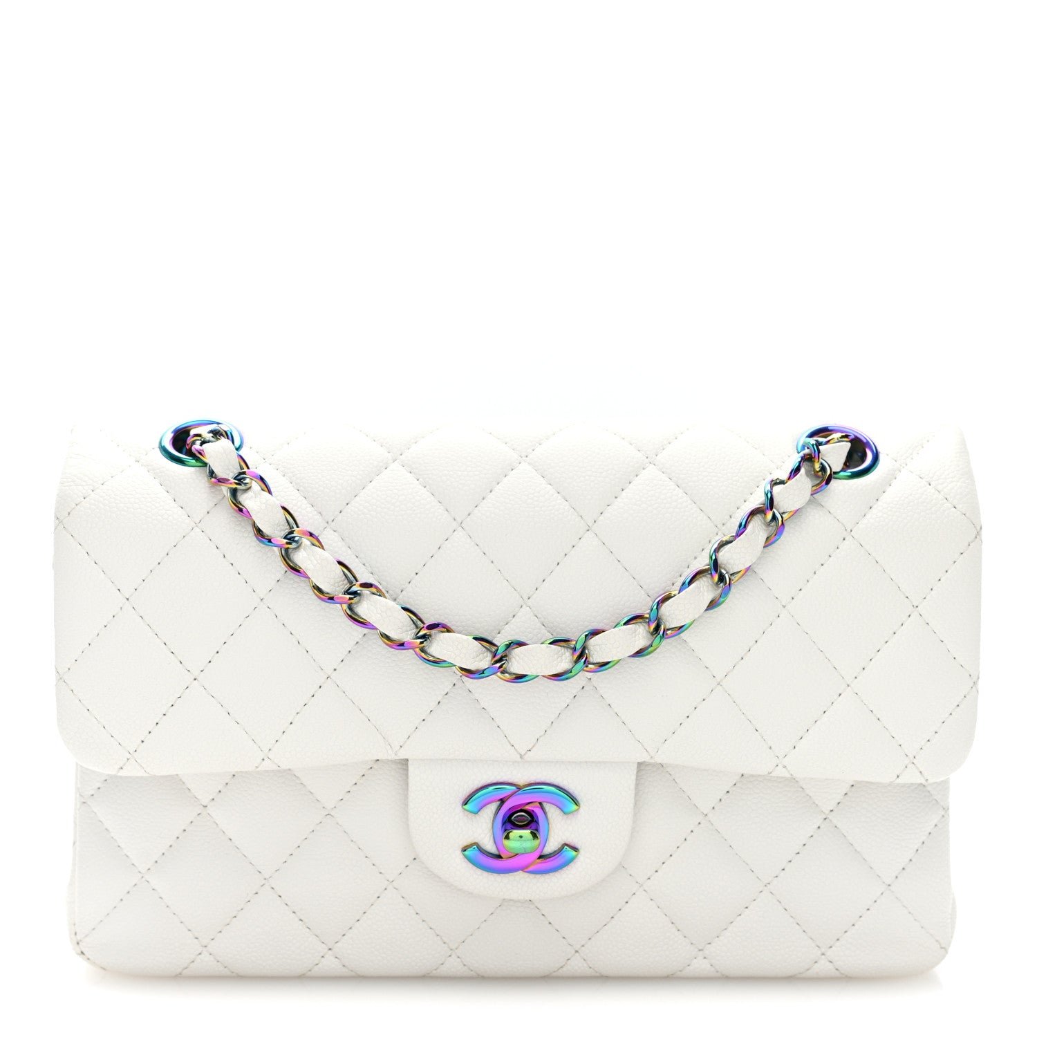 Chanel Caviar Quilted Rainbow CC Small Double Flap White