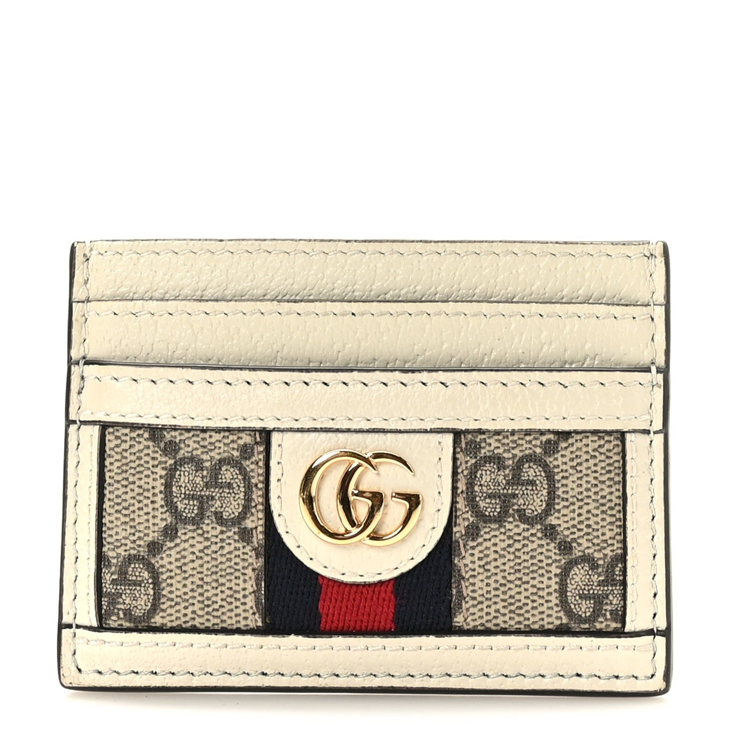 Gucci GG Supreme Monogram Textured Calfskin Web Ophidia Card Holder Beige Ebony Mystic White