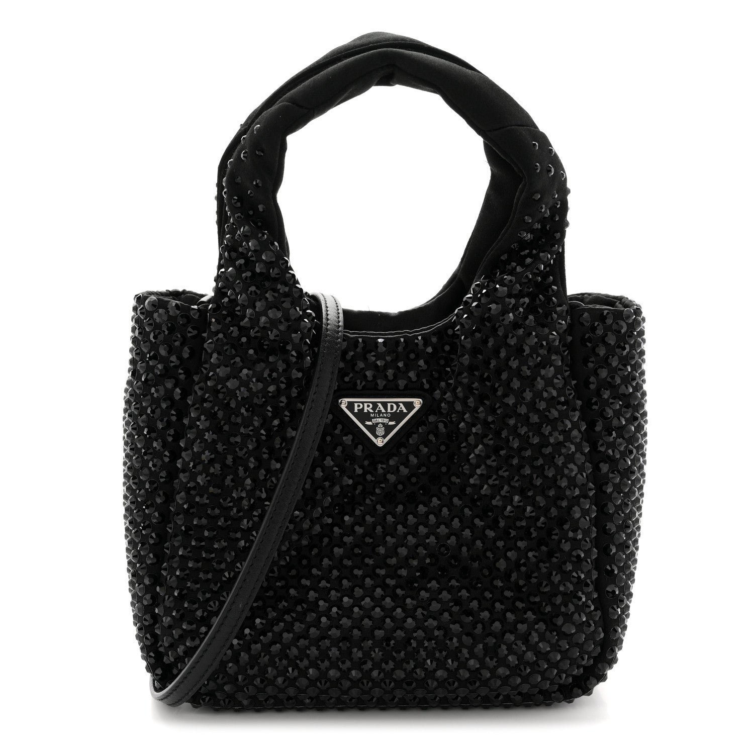 Prada Satin Crystal Soft Padded Small Double Handled Shoulder Bag Black