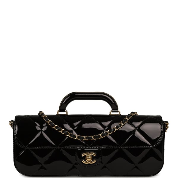 Chanel Large Top Handle Long Flap Bag with Chain Black Mirror Calfskin Gold Hardware