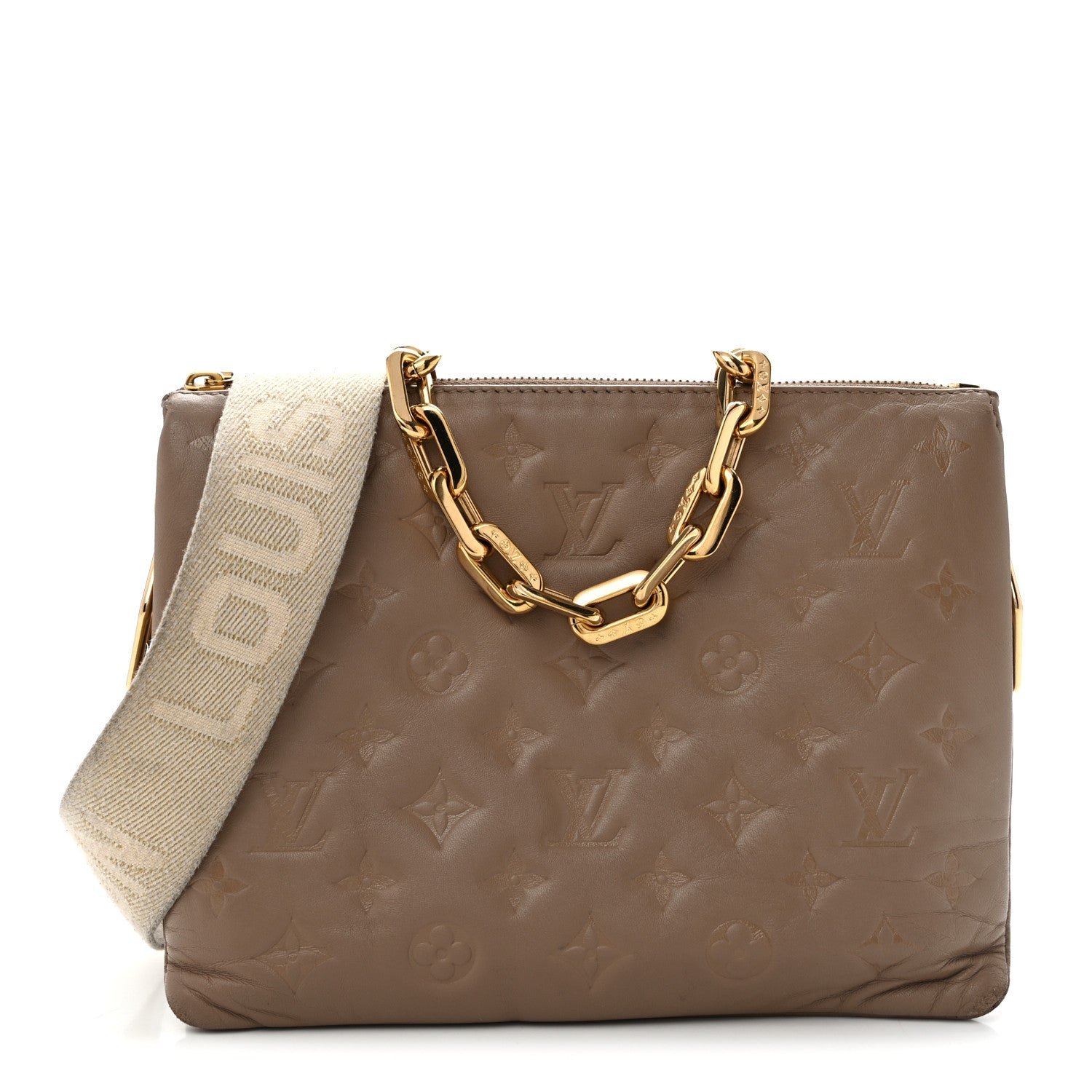 Louis Vuitton Lambskin Embossed Monogram Coussin PM Taupe