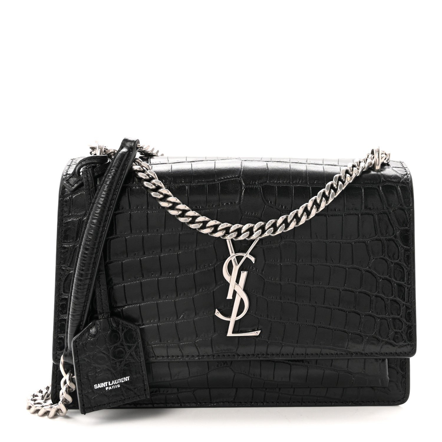 Saint Laurent Calfskin Crocodile Embossed Medium Monogram Sunset  Black