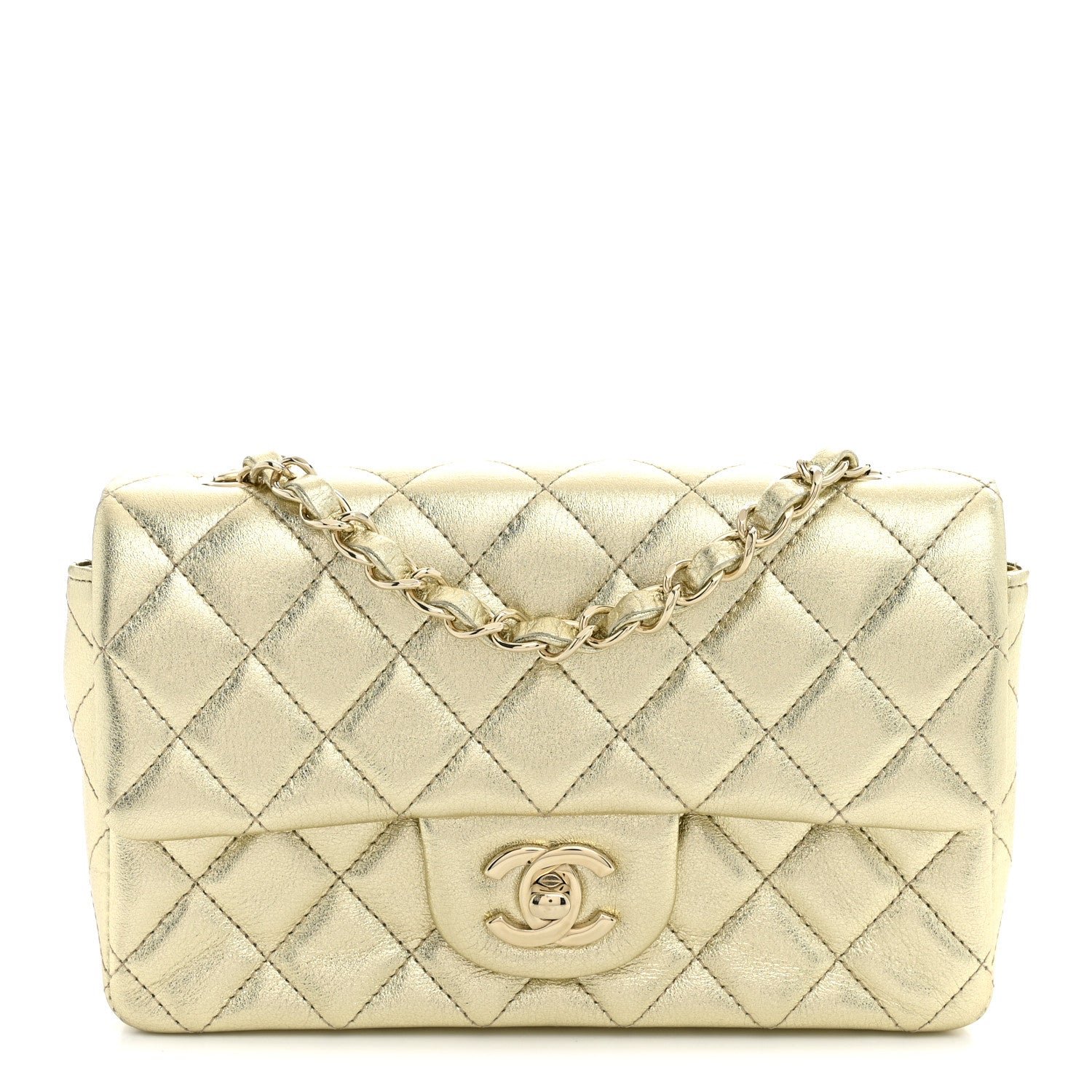 Chanel Metallic Lambskin Quilted Mini Rectangular Flap Gold