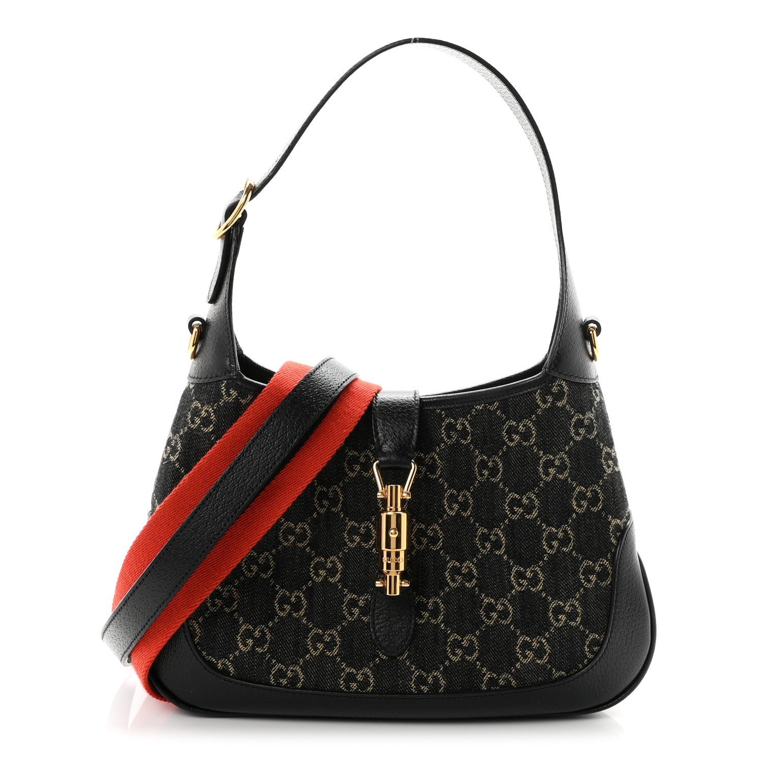 Gucci Jacquard Denim GG Monogram Small Jackie 1961 Hobo Black Ivory