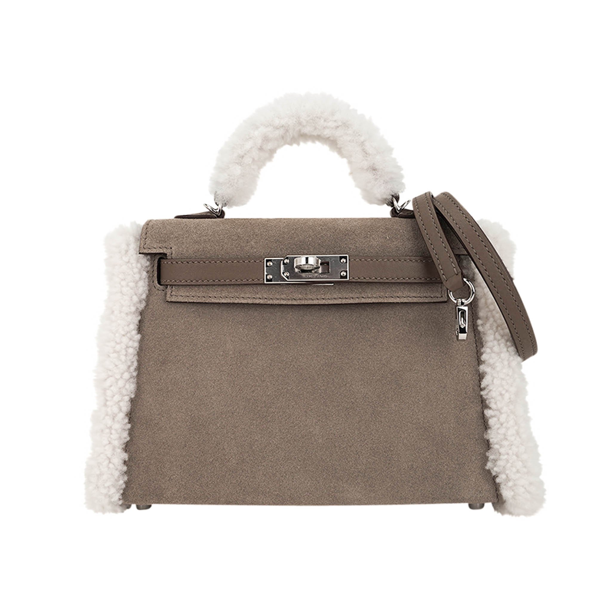 Hermes Hermes Kelly 20 Teddy Bag Pluch Shearling Gris Caillou Grizzly and Etoupe Swift Leather