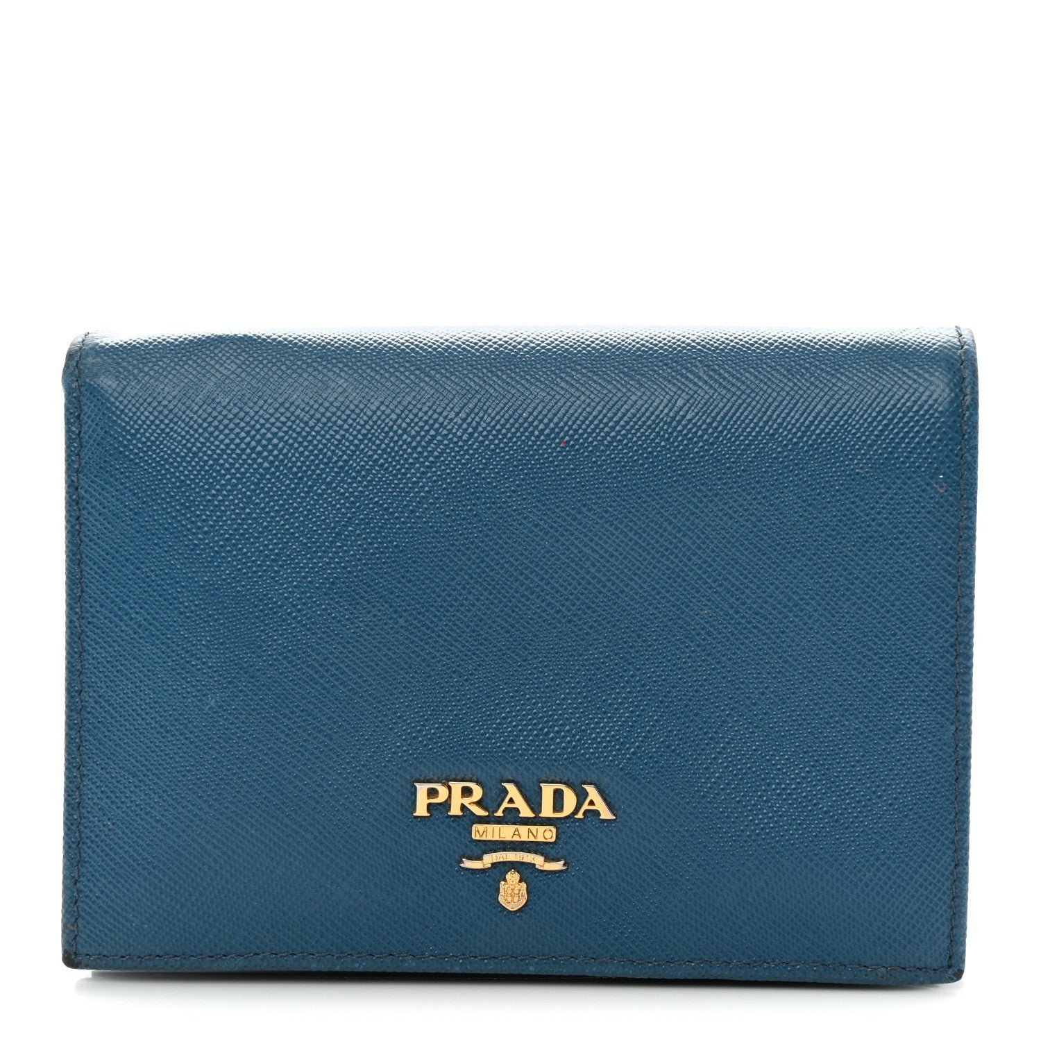 Prada Saffiano Metal Compact Snap Bi-Fold Wallet Cobalto