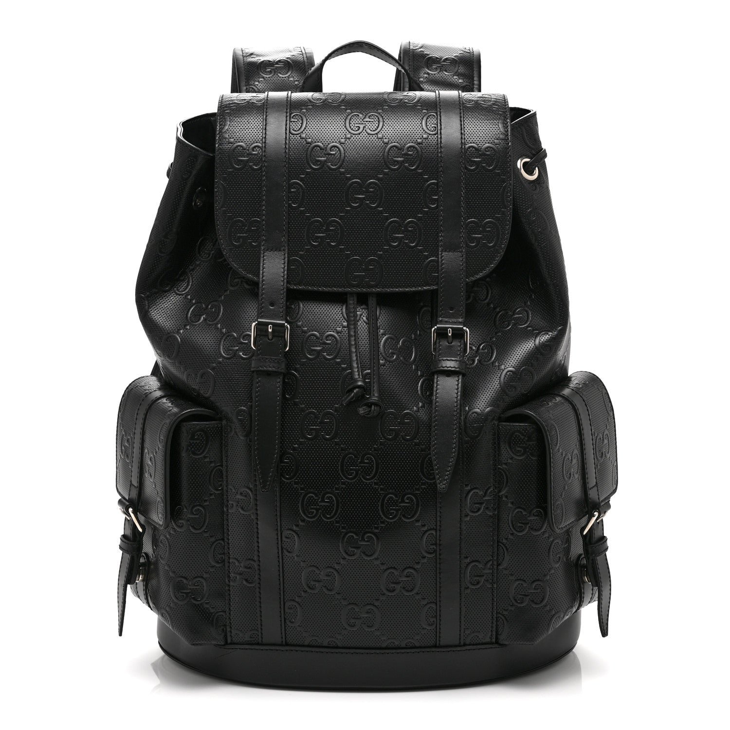 Gucci Calfskin GG Tennis Embossed Double Buckle Backpack Black