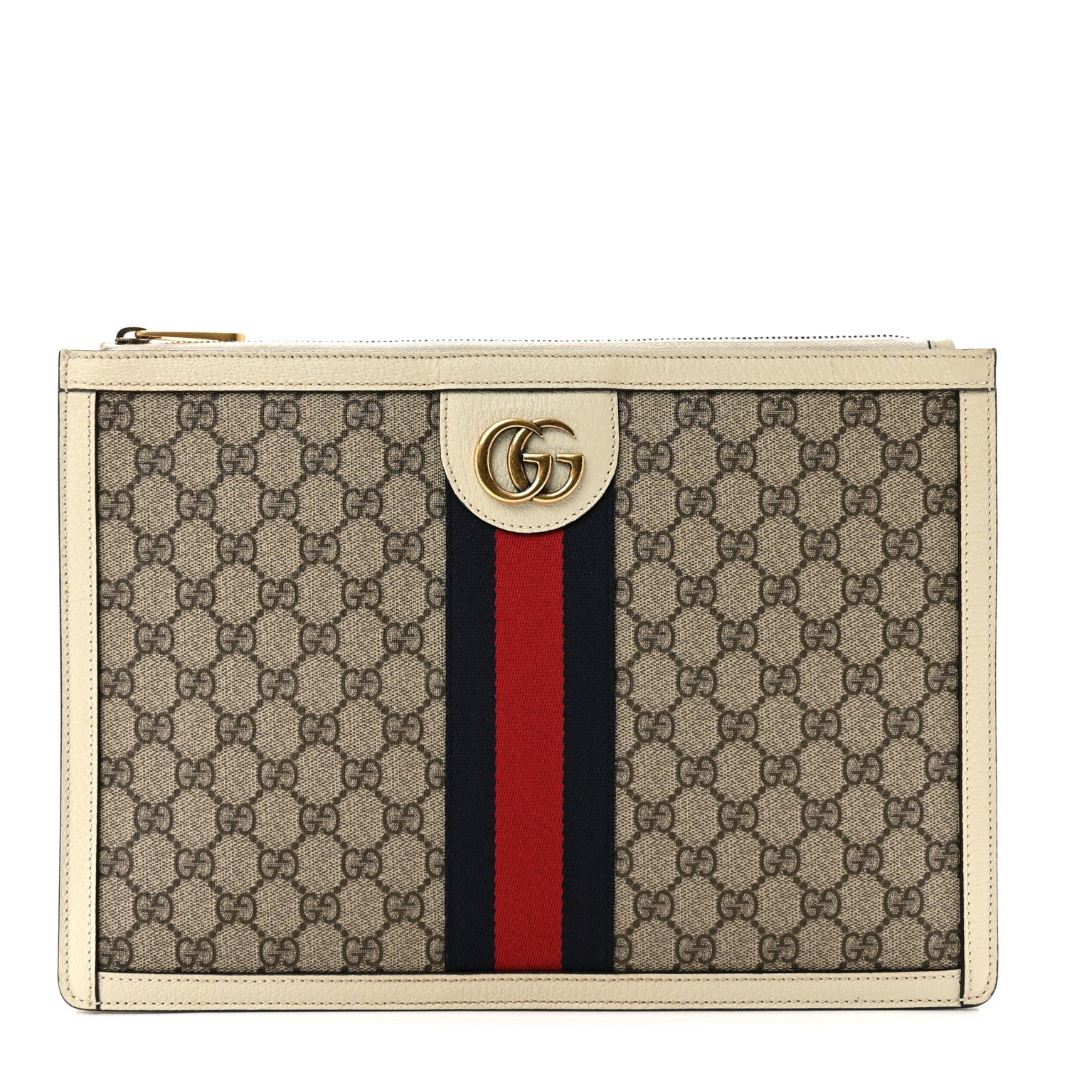Gucci GG Supreme Monogram Web Ophidia Portfolio Pouch Beige Ebony Mystic White