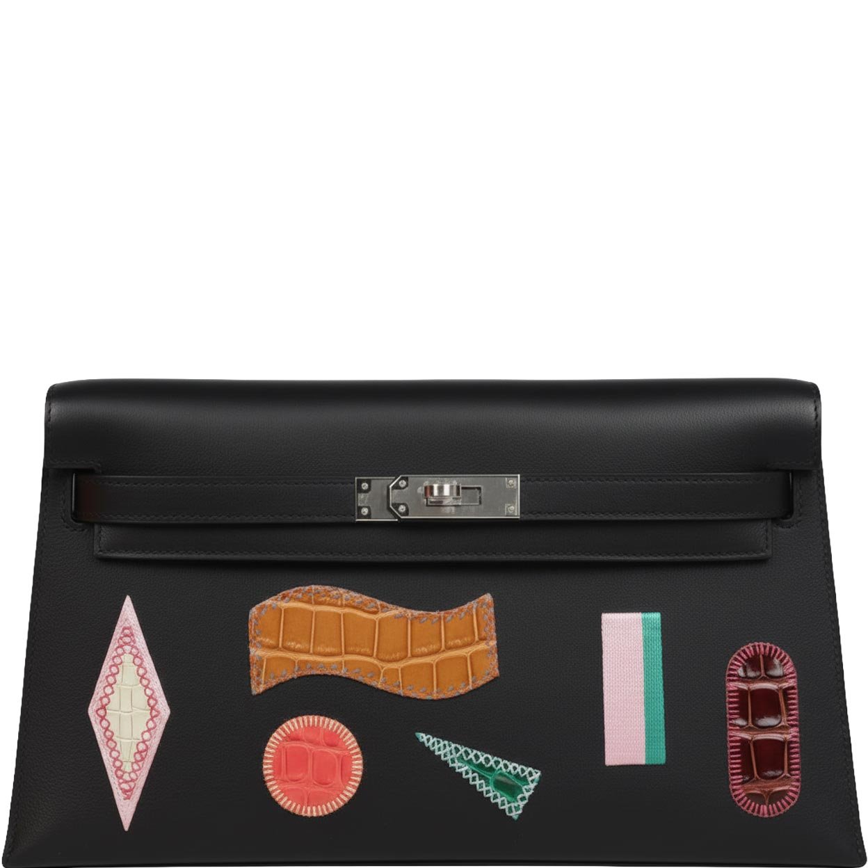 Hermes Hermès Kelly Élan Broderie Collage Noir Swift, Shiny Niloticus Crocodile and Alligator Palladium Hardware