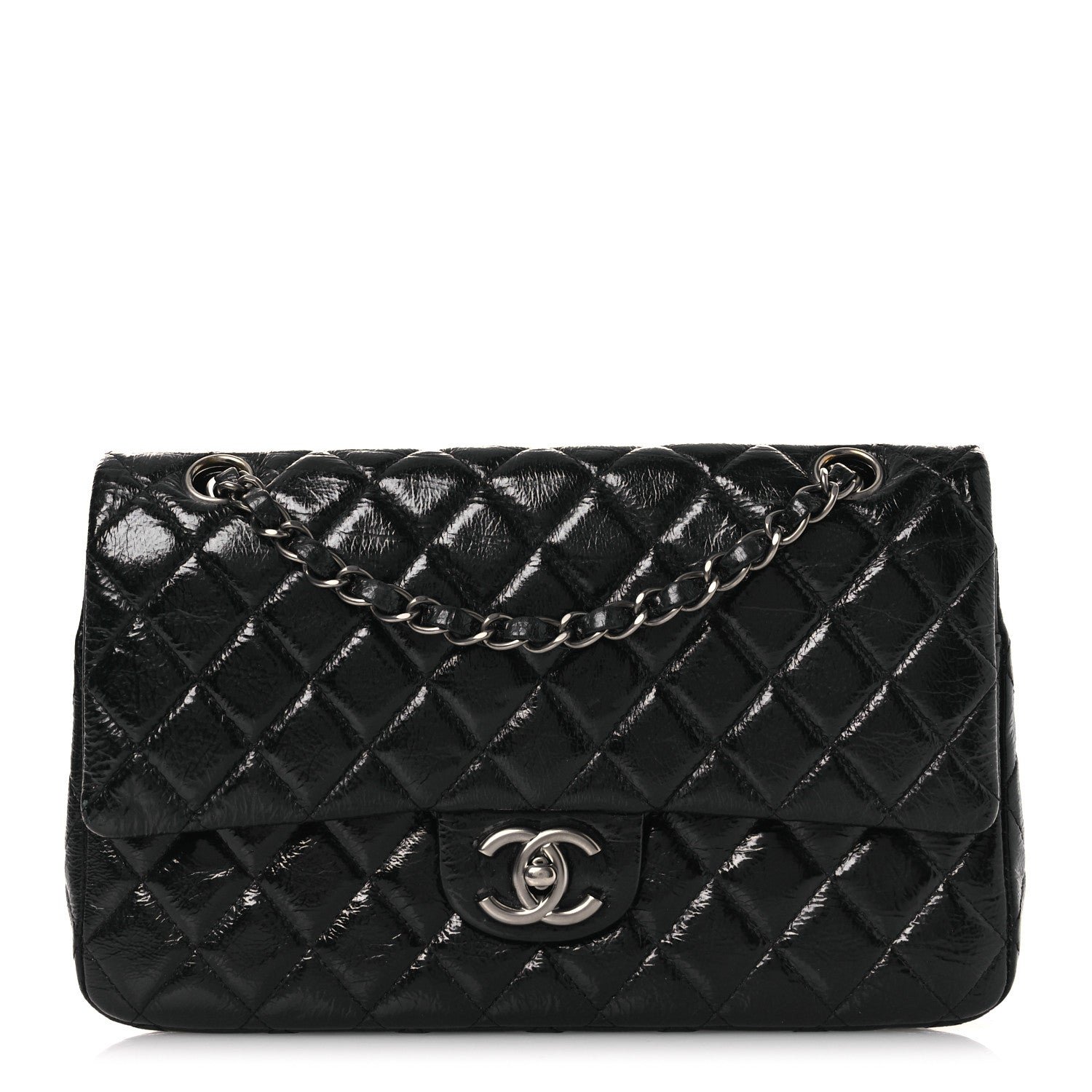 Chanel Distressed Patent Quilted Medium Double Flap Black