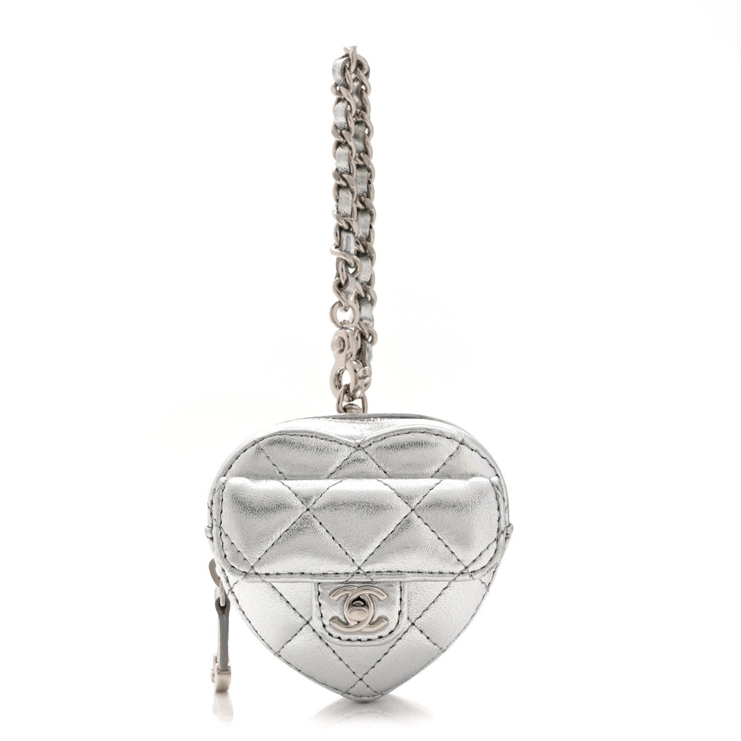 Chanel Metallic Lambskin Quilted CC Mini In Love Heart Bag Charm Silver