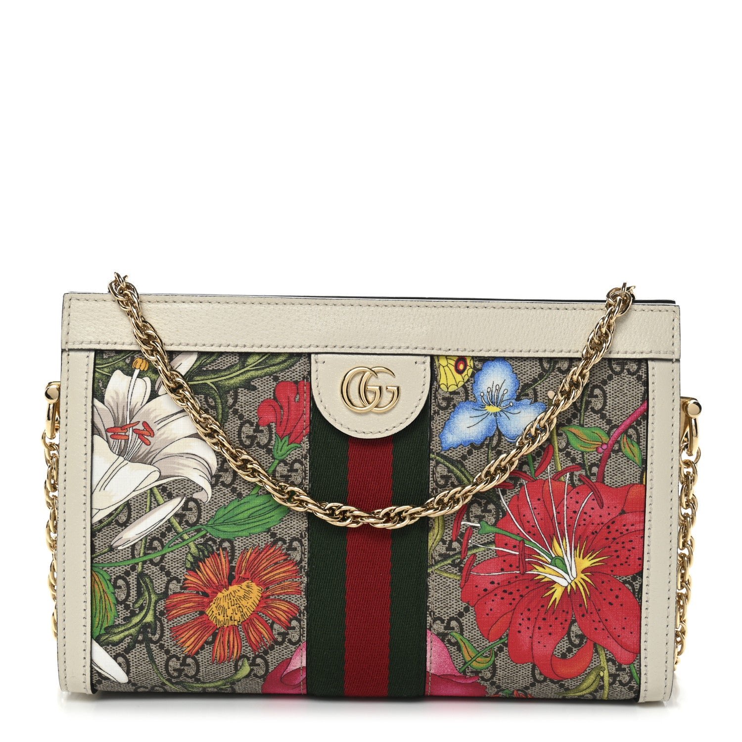 Gucci GG Supreme Monogram Flora Web Small Ophidia Chain Shoulder Bag White