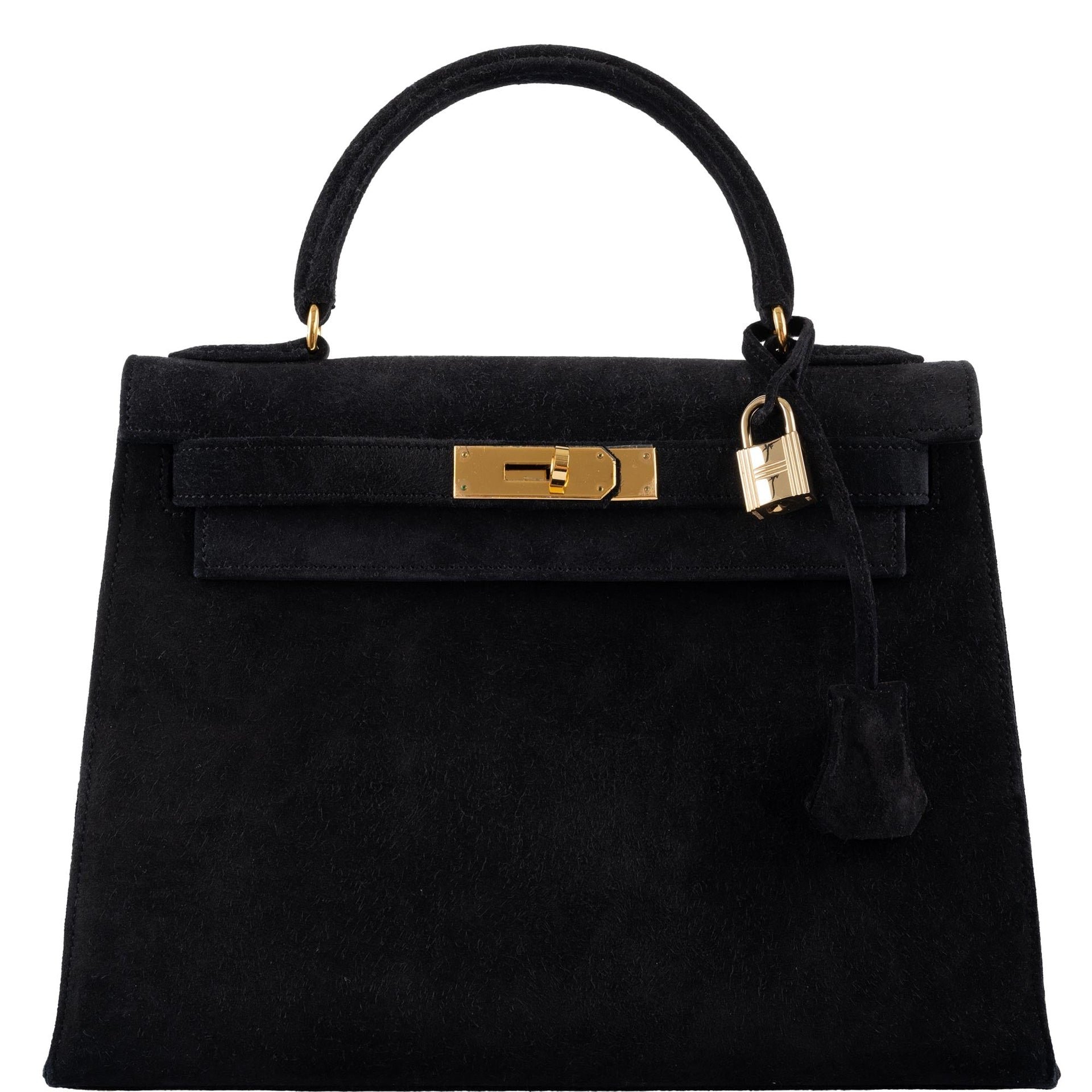 Hermes Hermès Kelly 28 Sellier Black Doblis Suede Gold Hardware