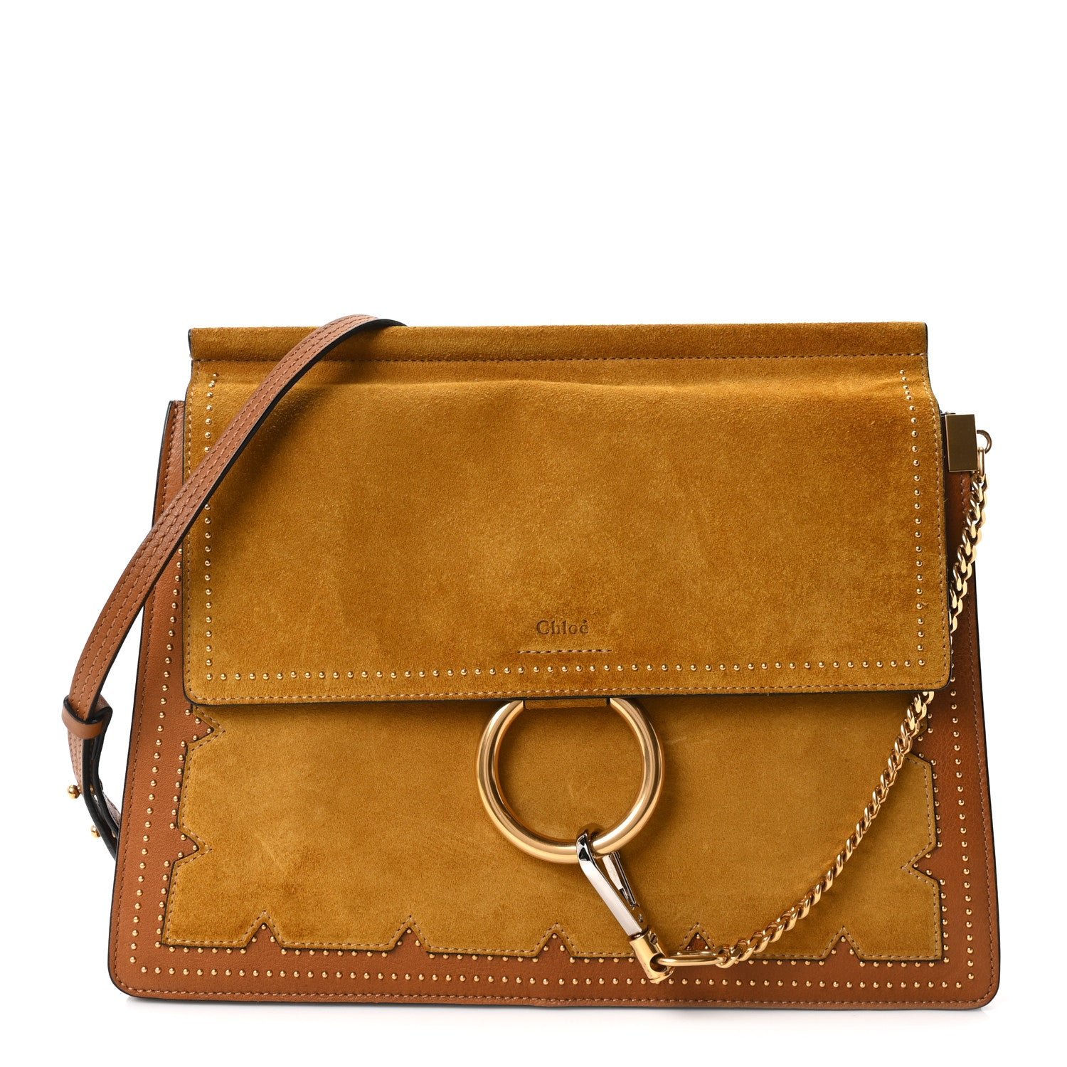 Chloe Calfskin Suede Studded Medium Faye Shoulder Bag Caramel