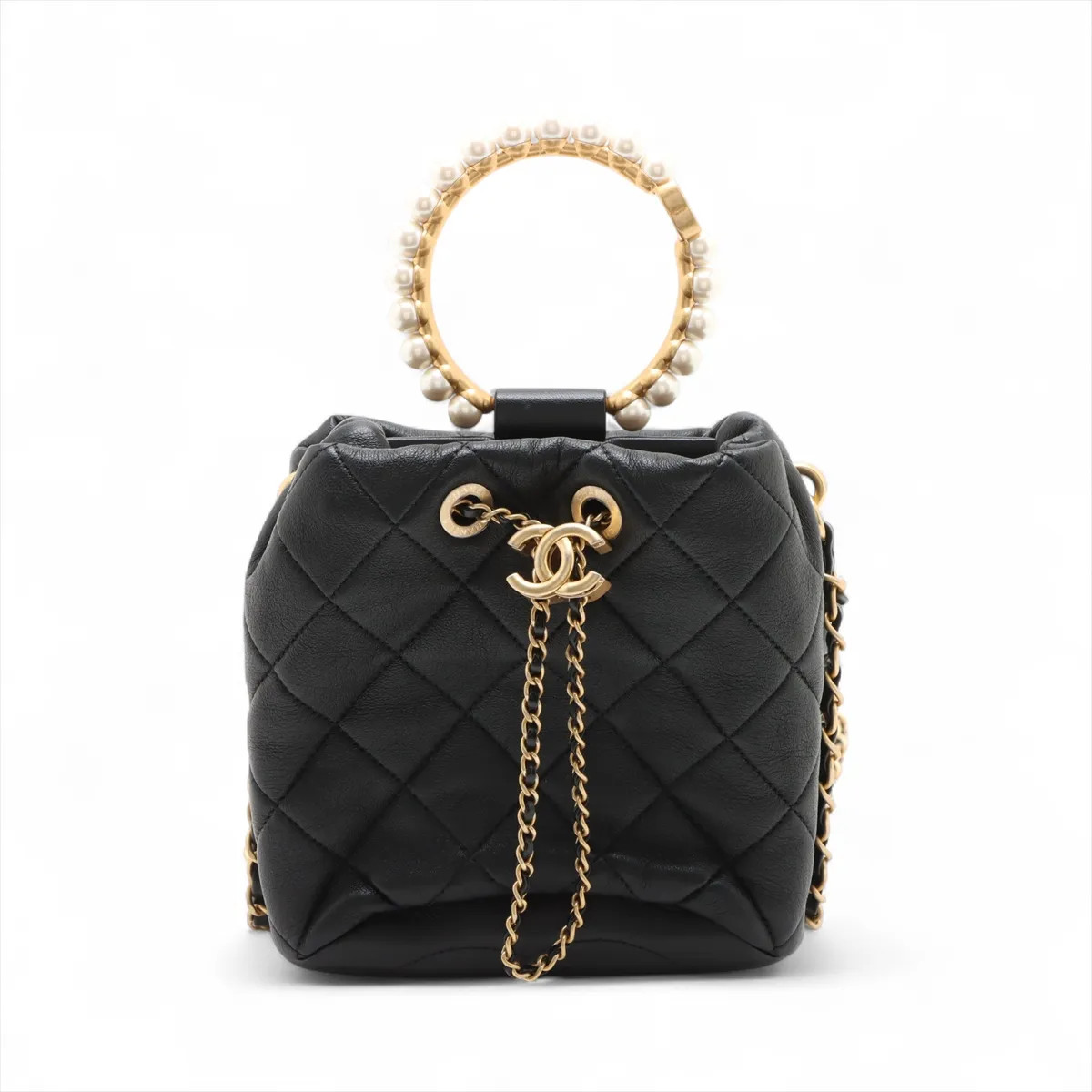 Chanel Matelasse Lambskin 2 Way Shoulder Bag Pearl Purse Black Gold Metal Fittin