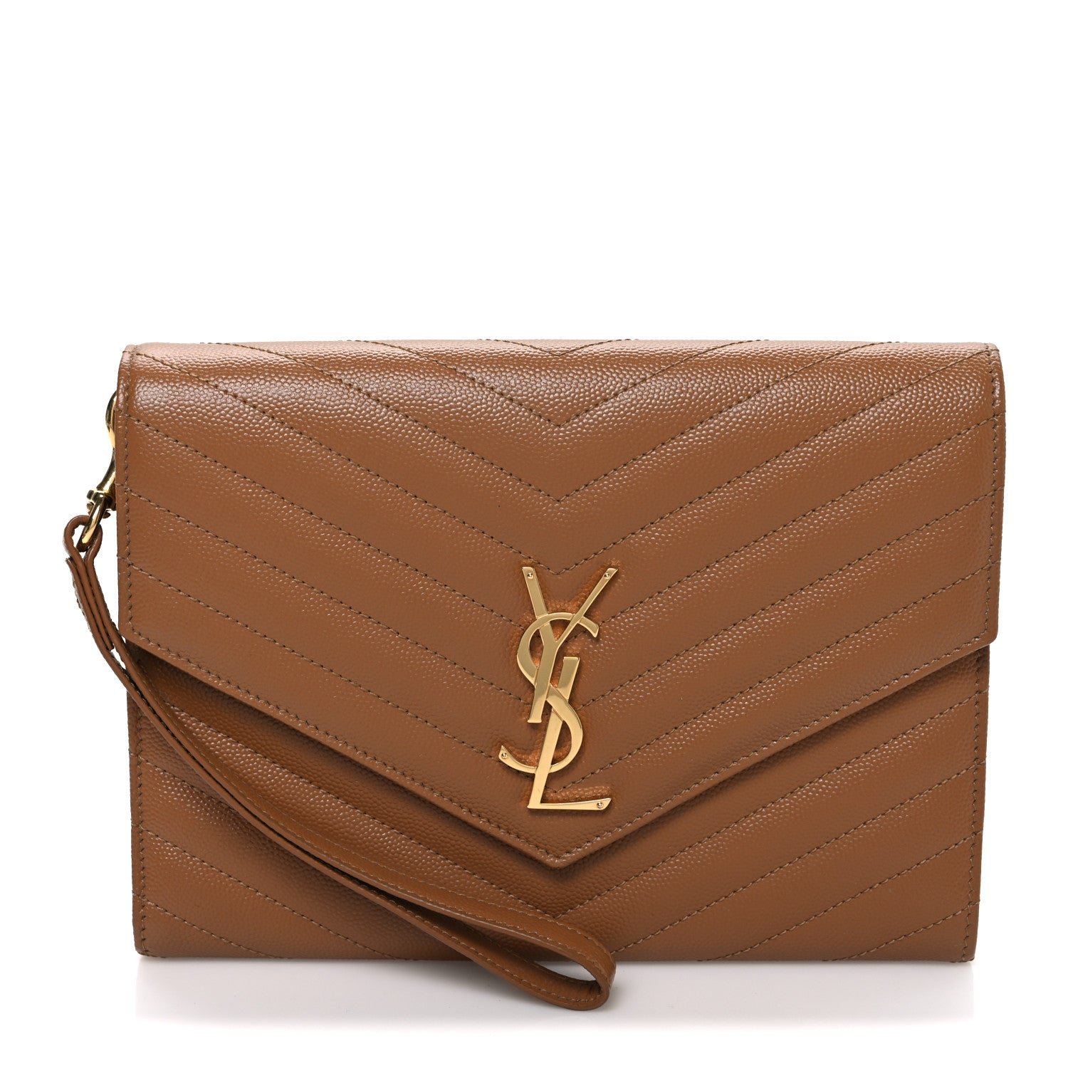 Saint Laurent Grain De Poudre Matelasse Chevron Monogram Cassandre Flap Pouch Natural Dark
