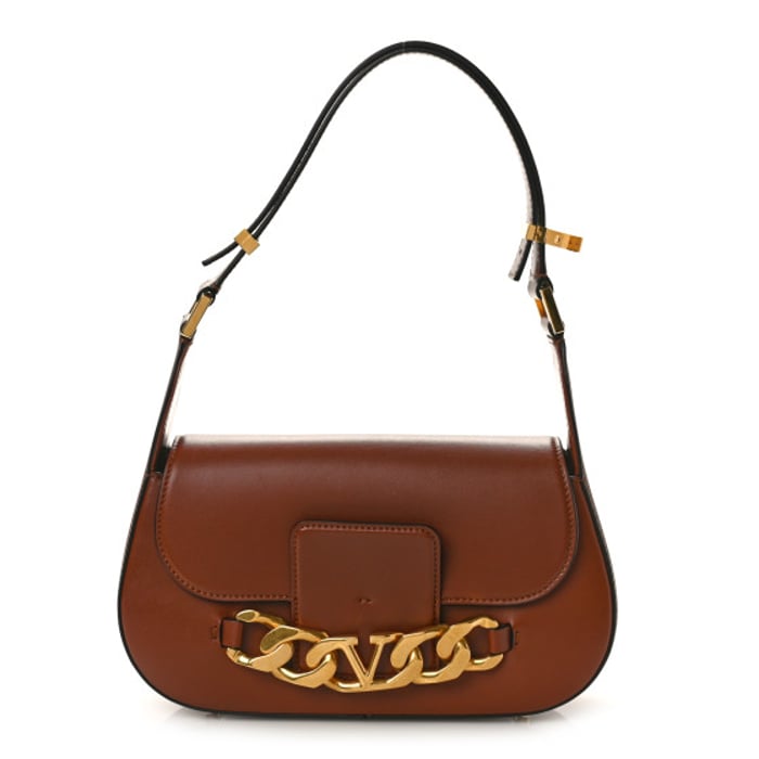 Valentino Garavani VALENTINO GARAVANI Smooth Calfskin VLogo Chain Shoulder Bag Saddle Brown