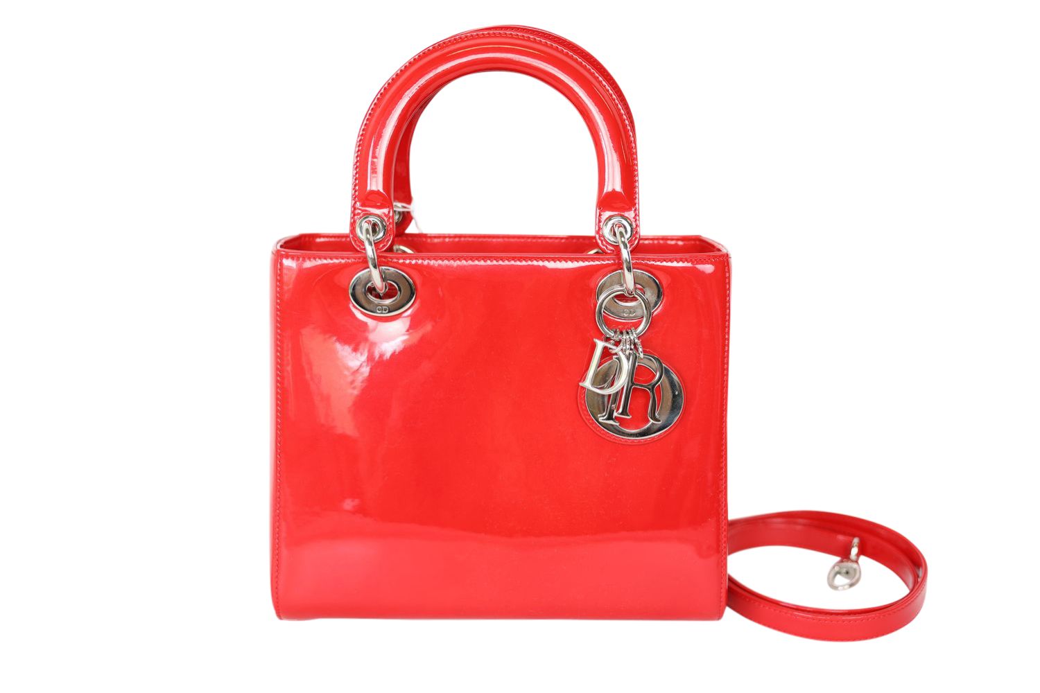 Dior Christian Dior Lady Dior Medium, Red Patent with Silver Hardware, Preowned in Dustbag WA001