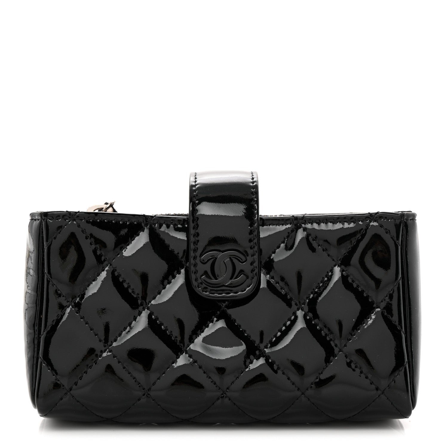 Chanel Patent Quilted Mini Phone Holder Clutch Black